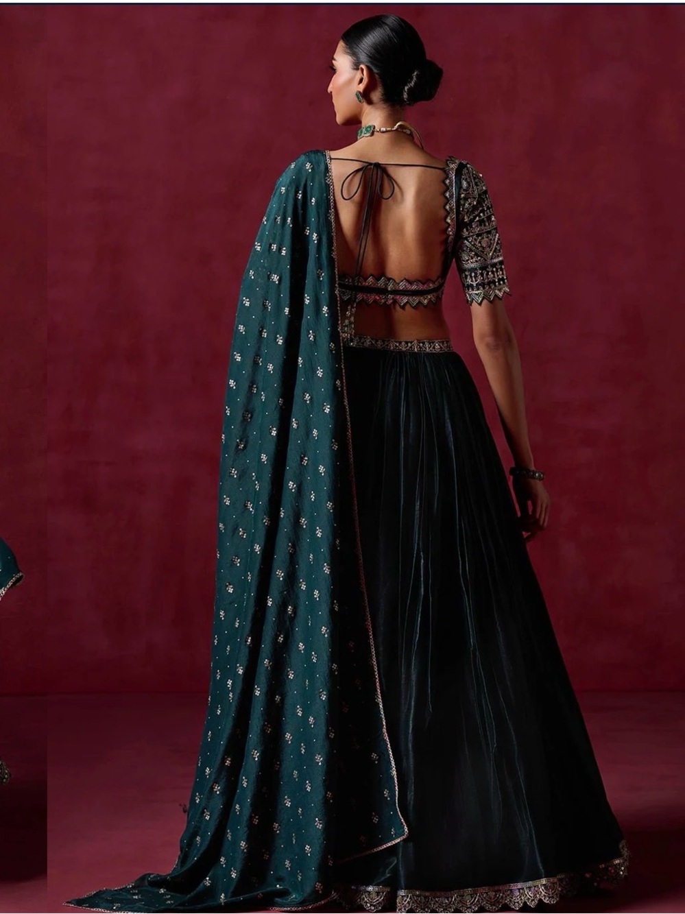 Dark Green Embroidered Satin Lehenga - Picture 2 of 2